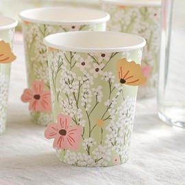 Ginger Ray Floral Printed Paper Party Cups with Pop Out Flowers Baby Shower Tableware 8 Pack, Pastel