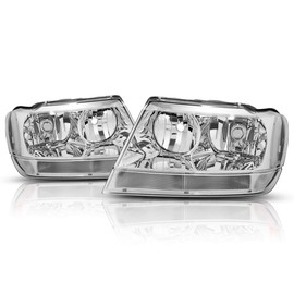 PM PERFORMOTOR Pair of Headlights Assembly Set Compatible with 99-04 Jeep Grand Cherokee WJ,Chrome Housing/Clear Corner
