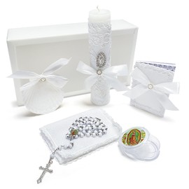 Baptism Candle Set for Boys Girls,White 5 PCS Baptism Kit Catholic Candle,Baptismal Towel,Baptismal Shell,Rosary andBible for Baby Dedication Christening Gift,Velas para Bautizo Niño