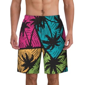 Jinlinhong Mens Swim Trunks with Mesh Lining,Colorful Geometry Seamless Pattern Palm Quick Dry Big Tall Board Shorts Swimsuit Beach Pants Swimwear Bathing Suits L