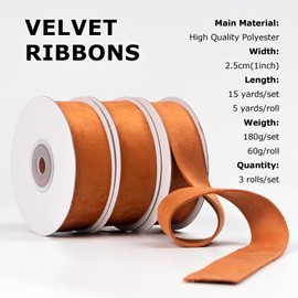 Sifleur Velvet Ribbon, Copper Brown Coffee 1 Inch x 15Yd Double Faced Velvet Ribbon for Wrapping, Christmas Tree Ornaments, Hair Bow, Craft, Vase Bouquet Wreaths Decor, Christmas Holiday, 3 Rolls