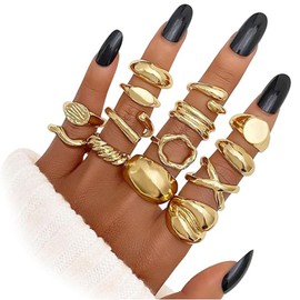 BelleVive 14-piece set with chunky gold rings for women, 14k gold plated, thick dome, stackable open rings, trendy, delicate, minimalist jewellery gifts for women