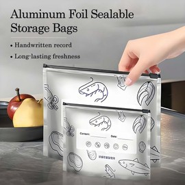 30PCS Reusable Aluminum Foil Sealable Storage Bags, Reusable Aluminum Foil Bags, Resealable Zipper Vacuum Pouches with Label and Stand-Up Bottom Design, for Vegetable Fruit Meat Snacks(3 Sizes)
