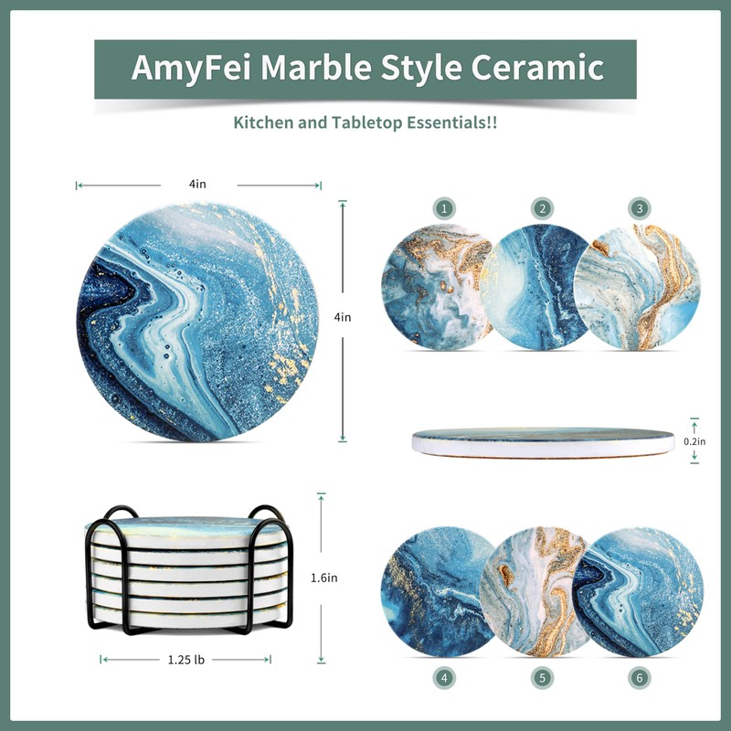 AmyFei Drink Coasters with Holder, Ceramic Drink Coaster Sets of