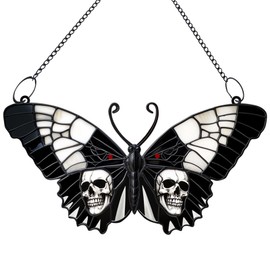 HFhyxin Skull and Butterfly Metal Window Hanging, Art Gothic Decor for Home, Indoor, Garden, Housewarming, Gift for Mom, Grandma, Women, Friend, Bird Lover