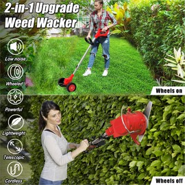Electric Cordless Weed Wacker Eater Battery Powered, 21V Lightweight No-String Grass Trimmerwith 2 Battery Operated & Wheels, 3 in 1 Stringless Weed Trimmer/Edger/Brush Cutter for Garden Yard Lawn
