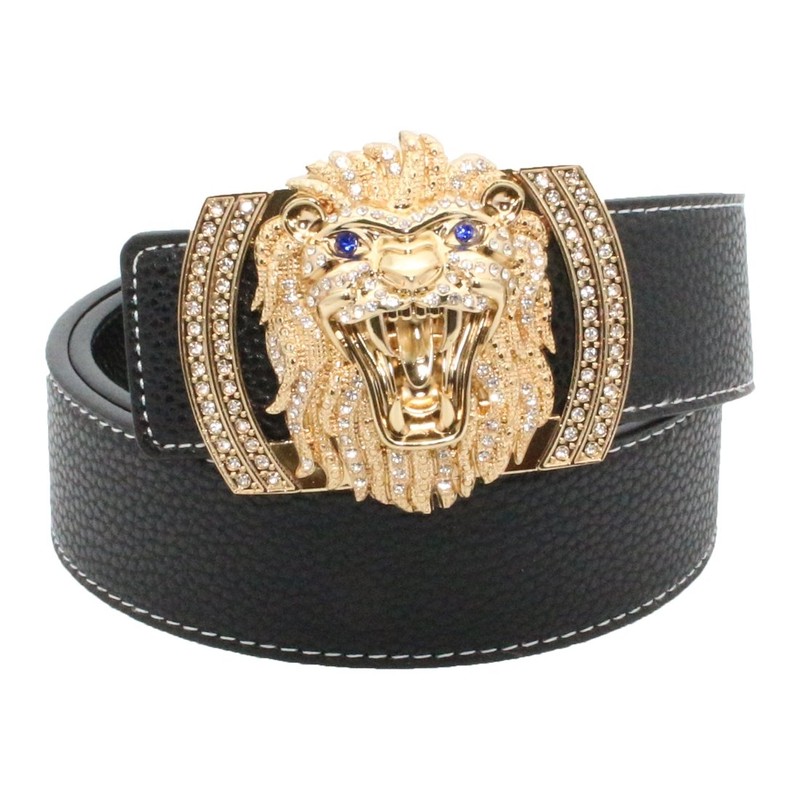QHA Mens Womens Lion Diamond Designer Leather Belt Gold Black