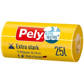 Pely Drawstring Bin Liners Extra Strong – Climate Neutral by Compensation, Value Pack (4 x 17 Pieces), Yellow, for Disposal of Residual Waste (25 Litres)