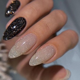 24Pcs French Tips Short Oval Press on Nails, Bling Glossy False Nails Gel Glue on Nails, Stylish Manicure Art Acrylic Fake Nails Stick on Nails for Coquette Women Girls, Black&White