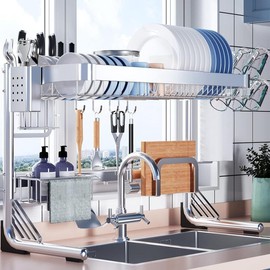 Over Sink Dish Drainer Drying Rack, 2 Tier Full Stainless Steel Storage Adjustable Length (25.98'' to 36.61'') Kitchen Rack, Multifunctional Expandable Counter Organizer, Space Saver Dish Rack organizer Black - Color: Silver