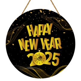 Happy New Year Decorations 2025 Happy New Year Sign Black Gold New Years Wreath Happy New Year Door Sign Wooden Door Hanger for Front Door Porch Wall Indoor Home Decor