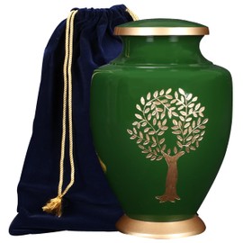 ALPHA Living HOME Decorative Cremation Urn for Human Ashes - Large Size Memorials Metal Urns for Human Ashes, Tree of Life Decorative Burial Urn for Adult Men and Women (Green & Gold)