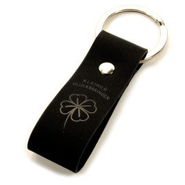 Luminick Leather Keyring Small Lucky Charm with Embossing with Clover Leaf as a Gift for Car, Motorcycle, Guest Gift, Exam, Women Men Love Happiness, black