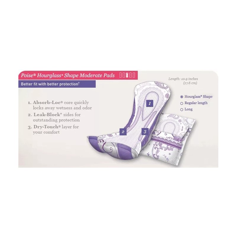 Poise Hourglass Shape, Moderate Absorbency Incontinence Pads, Regular Length, 54