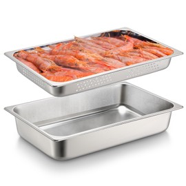 Tioncy 2 Pack Full Size Hotel Pans with Perforated Steam Pan, Stainless Steel Steam Table Pan Multifunctional Food Chafing Supplies for Restaurant Kitchen(Full Size, 2.5 Inches, 4 Inches)