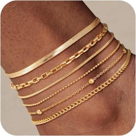 TEWIKY Waterproof Ankle 6PCS Bracelets Thiny Herringbone Box Paperclip Figaro Cuban Link Anklet Set Dainty Jewelry for Women Cute Summer Beach Jewelry For Mother's Day Gift:_6pcs set-C