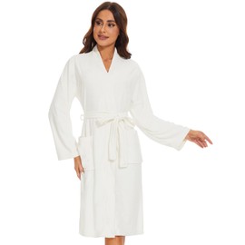 Knuffnee Women Bath Robes Terry Cloth Towel Robe Knee Length Bathrobe with Pockets White L