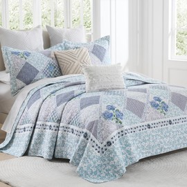 Finlonte Oversized Bedspread 120x120 Inches - 100% Cotton California King Bedspread, Extra Large Quilt, Farmhouse Patchwork Bedspread Coverlet, Lightweight Reversible Quilted Bedding Set, Blue/Purple