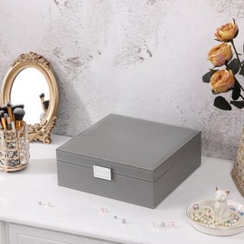 BEWISHOME Necklace Organizer Box Necklace Storage Organizer for Chains, Bracelets - 12 Compartments (7 regular + 5 large), 6 Hooks, 2 Layers - Jewelry Box for Women Girls, Grey SSH31H