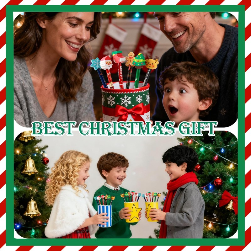 12 Pcs Christmas Pencils Bulk with Erasers, 12 Unique Xmas