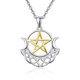 TANGPOET Triple Moon Goddess Tree of Life Necklace 925 Sterling Silver Wiccan Pentagram Pendant Jewellery Gifts for Men Women, Sterling Silver
