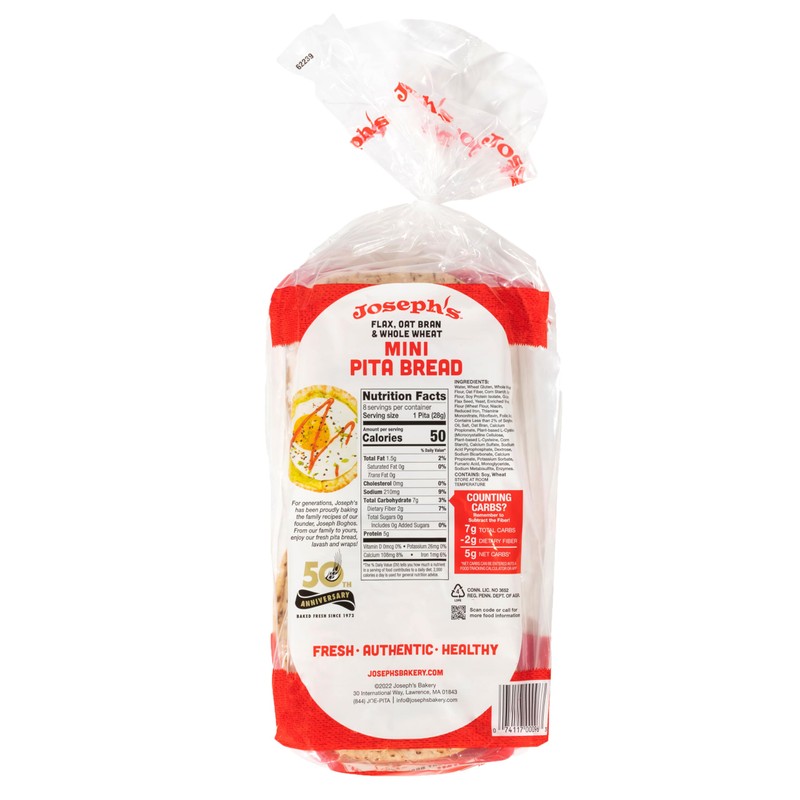 Joseph's Low Carb Mini Pita Bread 3-Pack, Flax Oat Bran