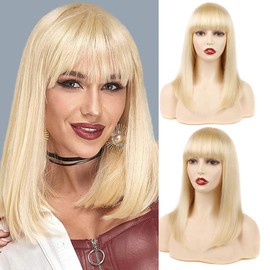 Huarisi 14 inches Blonde Straight Wigs with Bangs, 613 Human Hair Wigs Bob None Lace, 10a Bob Wigs for Women, Soft and Breathable Unprocessed Brazilian Hair Wigs Can be Restyled