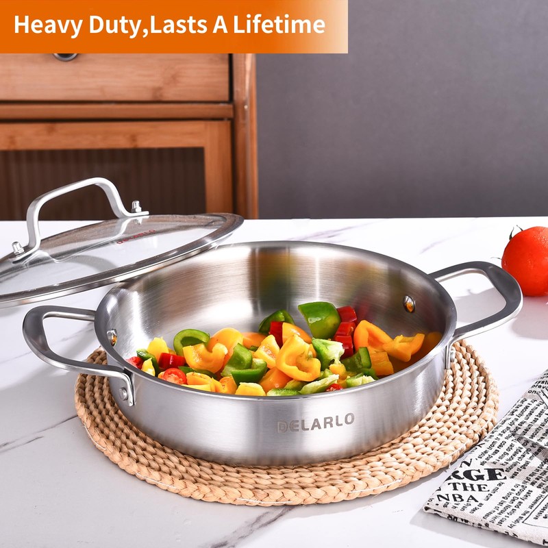 DELARLO Tri-Ply Stainless Steel 10 Inch Frying Pan 3QT Saute