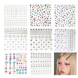 GeorgeX Gemas Faciales, 8 Hojas Pegatinas Diamantes de Imitación, Diamantes Autoadhesivas Brillos para Decorar, Maquillaje de Cara o Cabello para Día 
