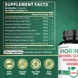 Satoomi 9in1 Moringa Capsules - Featuring Moringa, Turmeric, Boswellia, Ginger, Ashwagandha, Ceylon Cinnamon and Milk Thistle, and Resveratrol | Support Mood, Heart & Overall Health - 60 Count