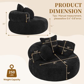 WUTUTUEE Round Oversized Chair Floor Sofa Chair, Chenille Compressed Circle Chaise Lounge, No Assembly Boneless Barrel Chair, Lazy Bean Bag Couch Accent Chair for Living Room, Bedroom, Dorm,Black