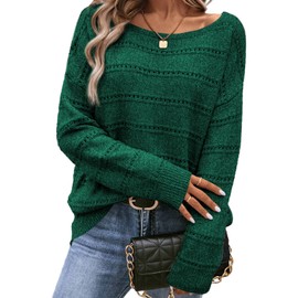 SHEWIN Womens Fall Fashion 2025 Summer Crochet Sweaters Crew Neck Long Sleeve Jumper Lightweight Knit Shirts Loose Fit Fall Tops for Women Trendy, Blackish Green, L