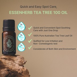 ESSENHERB Tea Tree 100 Oil | Vegan | for Acne-Prone & Troubled Skin | High Concentration of 100% Tea Tree Oil, Korean Skincare (10ml, 0.33fl.oz)