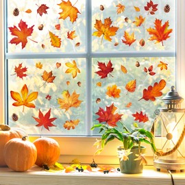 Whaline 9 Sheet Fall Window Clings Watercolor Orange-Brown Maple Leaves Reusable Window Decals for Autumn Thanksgiving Home Window Glass Decor