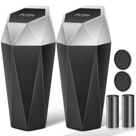 Ceecysaa Car Trash Can with Lid, 2 Pack Mini Car Cup Holder Trash Can, Car Garbage Can with 60pcs Trash Bags, Car Accessories Interior, Leakproof Small Car Trash Can, Home, Office, Silver