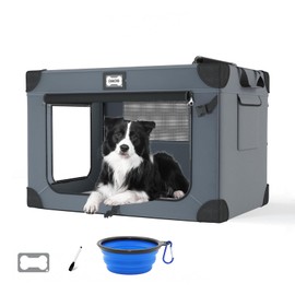 Soft Dog Crates, 36 Inch Portable Travel Crate for Large Dogs Indoor & Outdoor, 3-Door Foldable Pet Kennel with Durable Mesh Windows, Fleece Bed and a Folding Bowl, Dog Carrier Kennel with Zippers