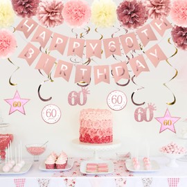 GuoZhiXin Rose Gold 60th Birthday Party Decorations , Rose gold Glittery Happy 60th Birthday Banner,Poms,Sparkling Hanging Swirls Kit for 60th Birthday Party Supplies