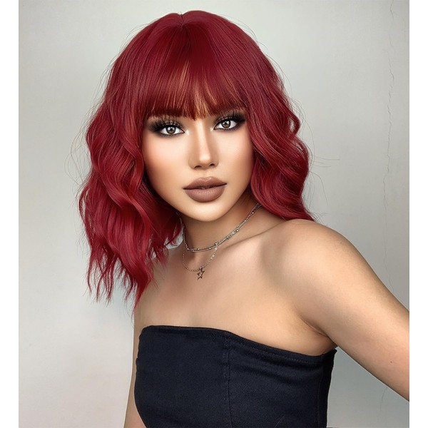 Veally Curly Bob Wig with Bangs Short Wavy Wine Red