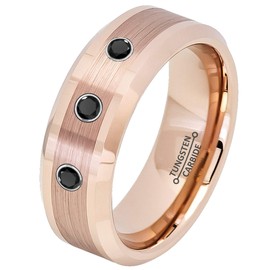 0.21ct Black Diamond 3-Stone Tungsten Ring - April Birthstone - 8MM Rose Gold Ion-Plated Brushed Finish Stripe Center Beveled Edge Comfort Fit Unisex Wedding Anniversary Band -9.5