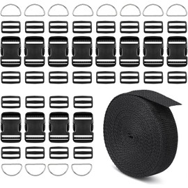 MOYBMG Buckle and Strap Set 1.5 Inch, 12 Yards Thick Nylon Webbing, 12 Pack Heavy Duty Adjustable Quick Side Release Plastic Buckles + 24 Tri-Glide Slide Clips + 12 Metal D-Rings (1.5 Inch Combo Set)