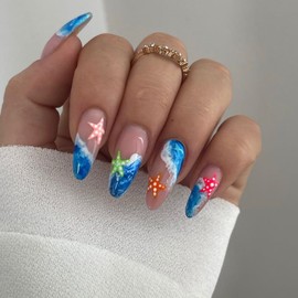 ONPRESS 24 Uñas Postizas De Verano Con Diseño De Almendra, Punta Francesa Azul Y Diseño De Estrellas De Mar, Uñas Acrílicas Brillantes Y Cobertura Total Para Mujeres Y Niñas.
