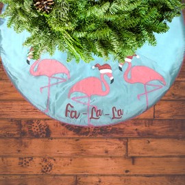 Blue Flamingo Decor Tree Skirt Christmas Decoration, Colorful Beach Themed Reusable Festive Holiday Decoration, 42 Inches