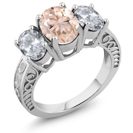 Gem Stone King 3.50 Ct Oval Peach Morganite White Topaz 925 Sterling Silver 3-Stone Ring (Size 7)