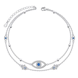 Ladytree 925 Sterling Silver Evil Eye Anklet Double Layer Adjustable Anklets with Hamsa Protection Jewelry Gift