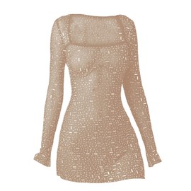 BOLLEY JOSS Women's Mesh Rhinestone Bodycon Mini Dress Square Neck Long Sleeve Sheer Sparkle Bodice Dress Party Going Out Dresses Nude