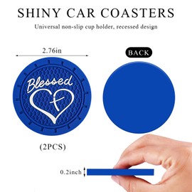 KVAEY 2 PCS Car Cup Holder Coaster, 2.76 Inch Anti Slip Vehicle Drink Mat with Cute Blessed Cross and Heart, Shockproof Cup Holder Coaster for Most Cars, Universal Car Accessories (Blue)