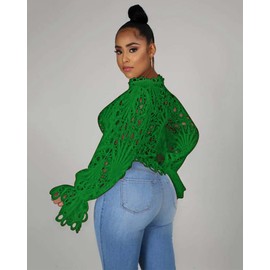 Doweha Women‘s Summer Sexy Ruffle Long Sleeve Going Out Lace Tops 2025 Spring Cute Blouse Trendy Party Date Night Outfit Shirts Green XXL