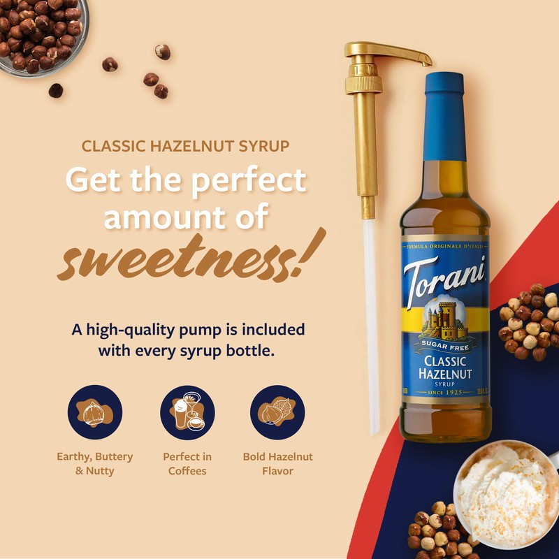 Torani Sugar Free Coffee Syrup, Classic Hazelnut Flavoring for Drinks,
