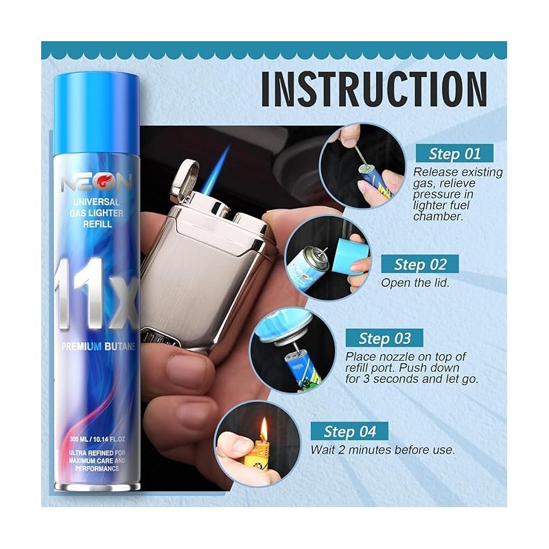 NEON Butane Lighter Refill 11X Ultra Refined Fuel, 300ml Premium