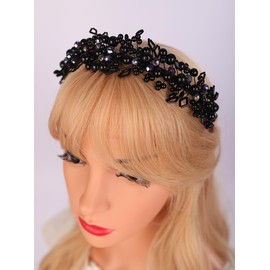 Teyglen Bridal Pearl Headband Vintage Black Beads Wedding Headband Tiara Handmade Bridal Headpiece Hair Accessories for Women Wedding Birthday Party (Black)